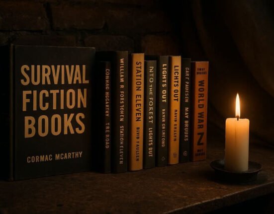 survival fiction books on a rustic shelf lit by candlelight