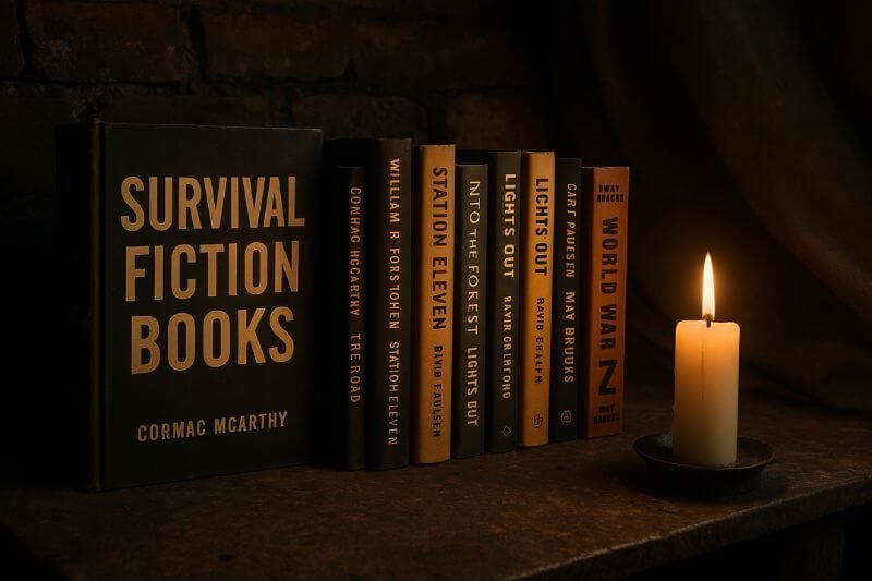 survival fiction books on a rustic shelf lit by candlelight
