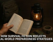 reading survival fiction book under lantern light with prepping gear