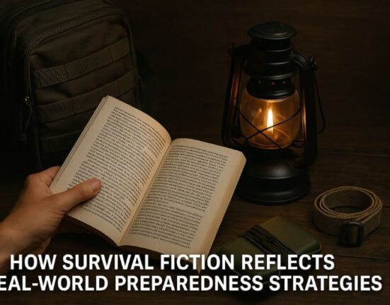 reading survival fiction book under lantern light with prepping gear
