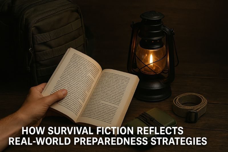 reading survival fiction book under lantern light with prepping gear
