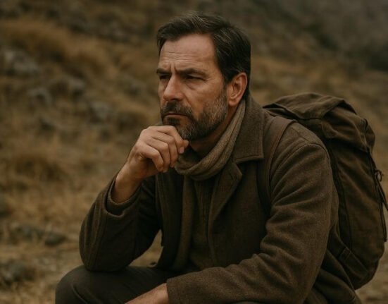 contemplative survivalist man in rugged landscape reflecting on ethics
