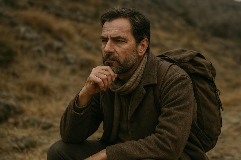 contemplative survivalist man in rugged landscape reflecting on ethics