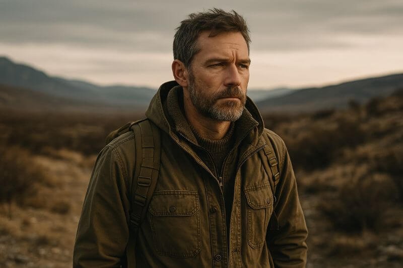 Stoicism and Survival - realistic image of a calm survivalist man in a crisis setting