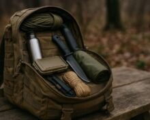 survival backpack features in realistic emergency setup