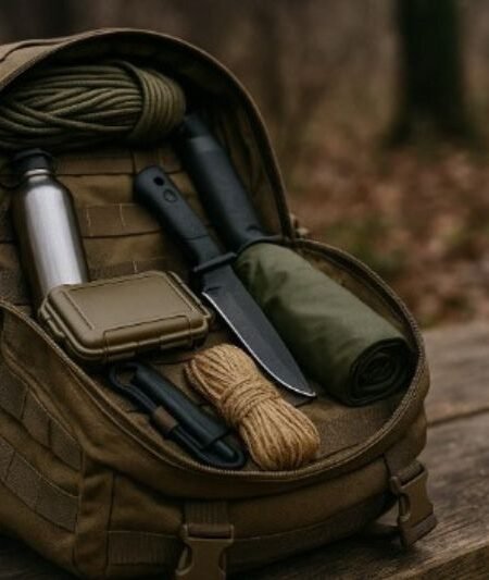 survival backpack features in realistic emergency setup