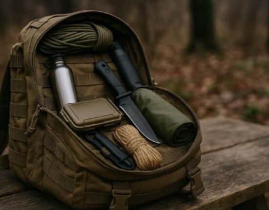 survival backpack features in realistic emergency setup