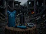 survival water filters staged in post-disaster ruins
