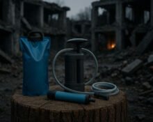 survival water filters staged in post-disaster ruins