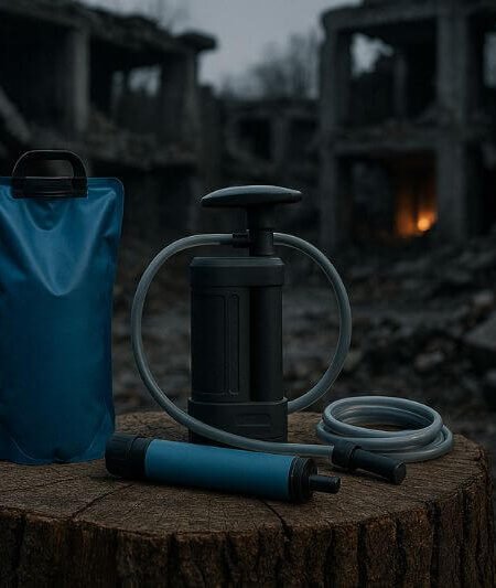 survival water filters staged in post-disaster ruins