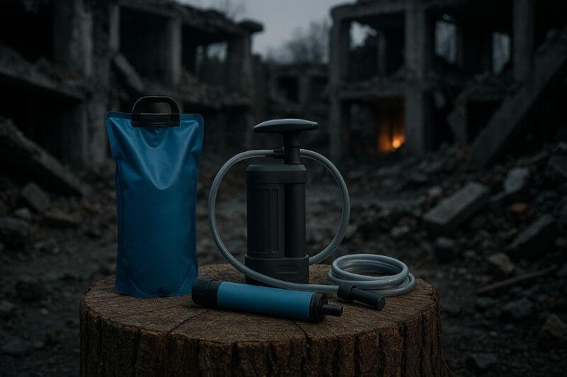 survival water filters staged in post-disaster ruins
