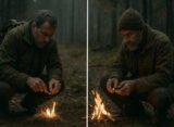 survival fire starters two men using ferro rod and lighter to start fire