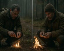 survival fire starters two men using ferro rod and lighter to start fire