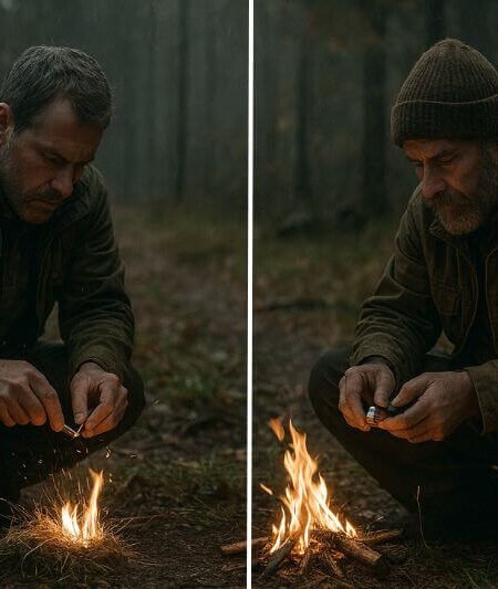 survival fire starters two men using ferro rod and lighter to start fire