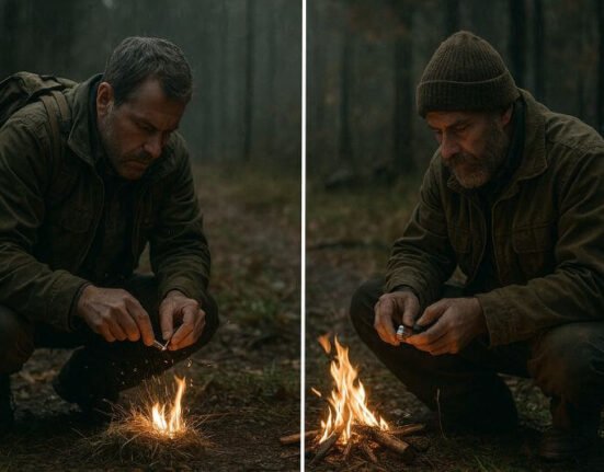 survival fire starters two men using ferro rod and lighter to start fire