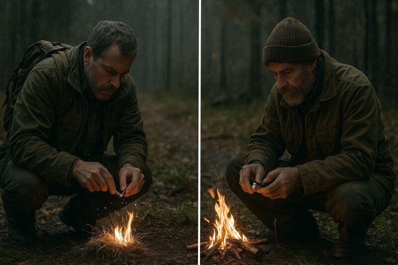 survival fire starters two men using ferro rod and lighter to start fire
