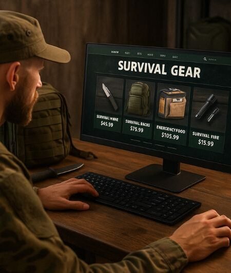 popular survival gear prepper ordering survival tools on computer