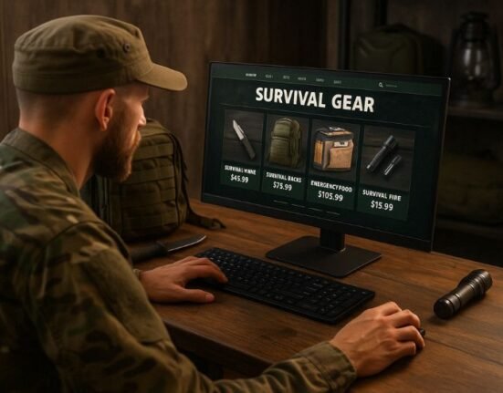 popular survival gear prepper ordering survival tools on computer