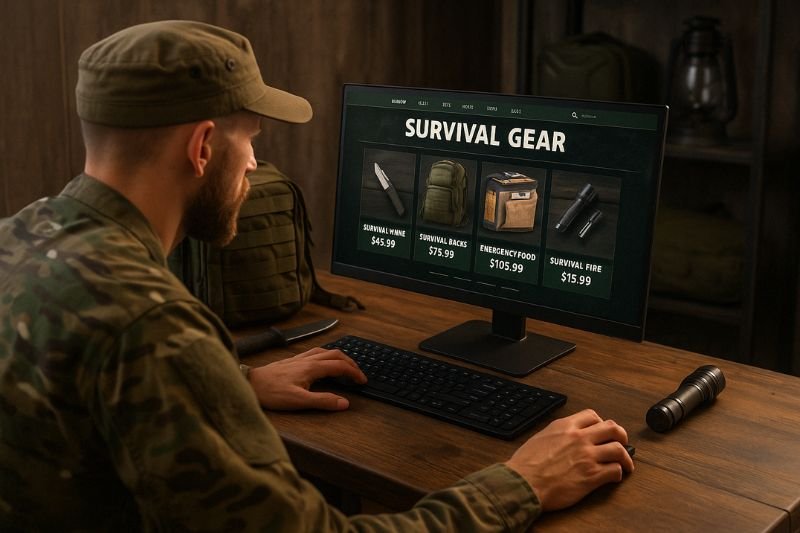 popular survival gear prepper ordering survival tools on computer