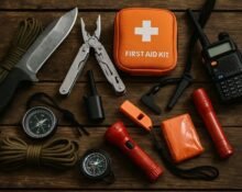 emergency tools for survivalists on wooden surface with open bug out kit