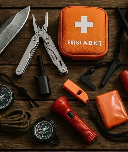 emergency tools for survivalists on wooden surface with open bug out kit