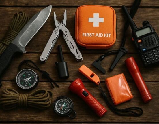 emergency tools for survivalists on wooden surface with open bug out kit