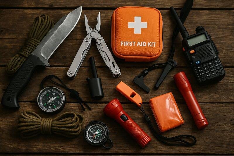 emergency tools for survivalists on wooden surface with open bug out kit