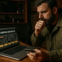 survivalist focused on buying survival gear online from a laptop surrounded by equipment