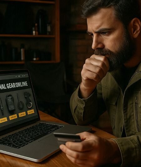 survivalist focused on buying survival gear online from a laptop surrounded by equipment