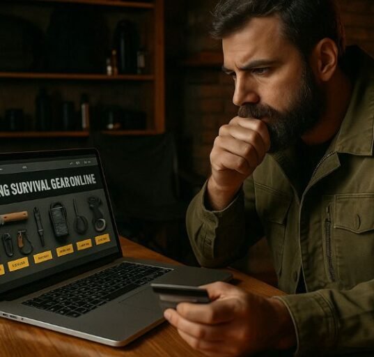 survivalist focused on buying survival gear online from a laptop surrounded by equipment