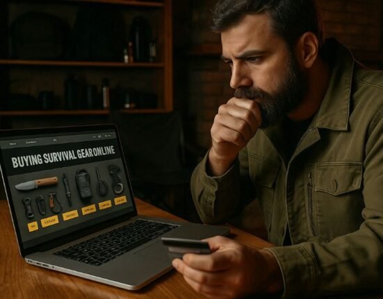 survivalist focused on buying survival gear online from a laptop surrounded by equipment