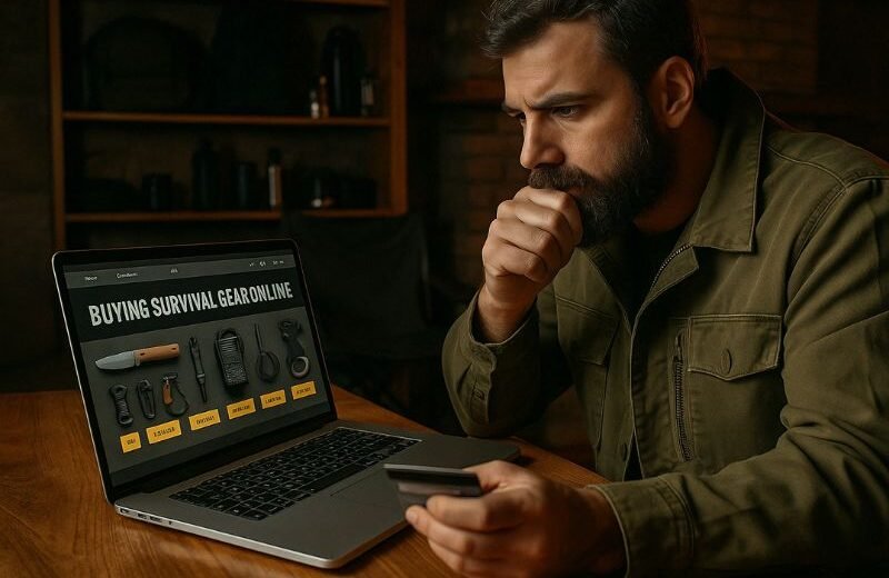 survivalist focused on buying survival gear online from a laptop surrounded by equipment