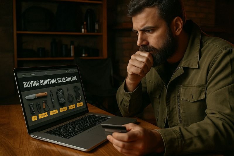 survivalist focused on buying survival gear online from a laptop surrounded by equipment
