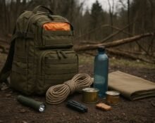 ultra realistic survival basics setup with backpack, rope, water, food, multi-tool