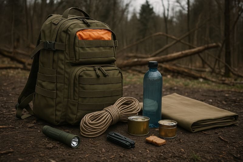 ultra realistic survival basics setup with backpack, rope, water, food, multi-tool
