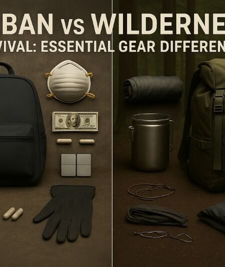 side-by-side visual of urban vs wilderness survival gear with backpacks and essential tools