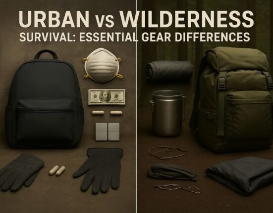 side-by-side visual of urban vs wilderness survival gear with backpacks and essential tools