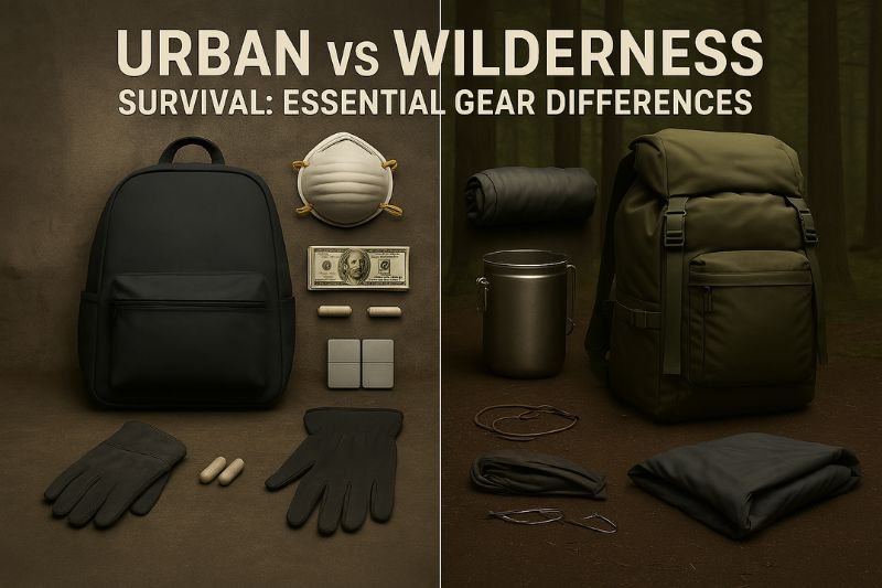 side-by-side visual of urban vs wilderness survival gear with backpacks and essential tools