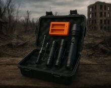 survival flashlight kit displayed in post-apocalyptic ruins