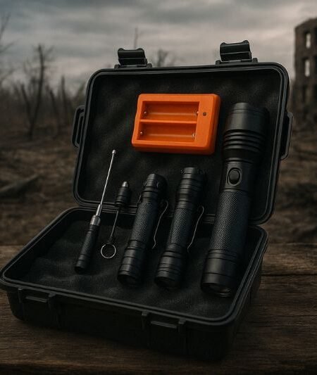 survival flashlight kit displayed in post-apocalyptic ruins