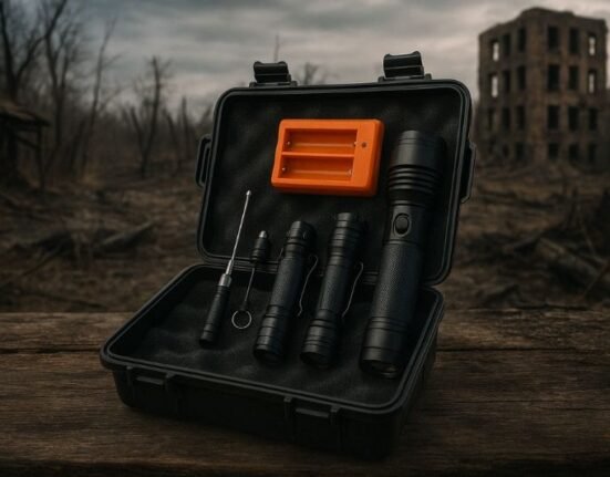 survival flashlight kit displayed in post-apocalyptic ruins