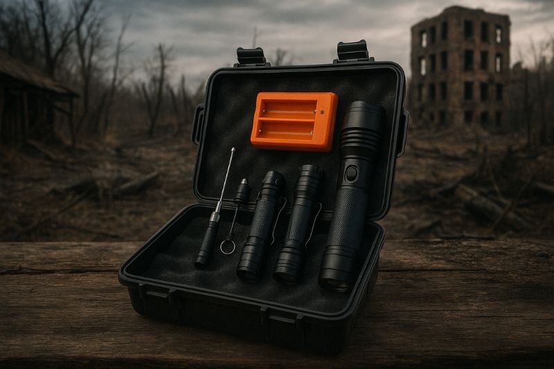survival flashlight kit displayed in post-apocalyptic ruins